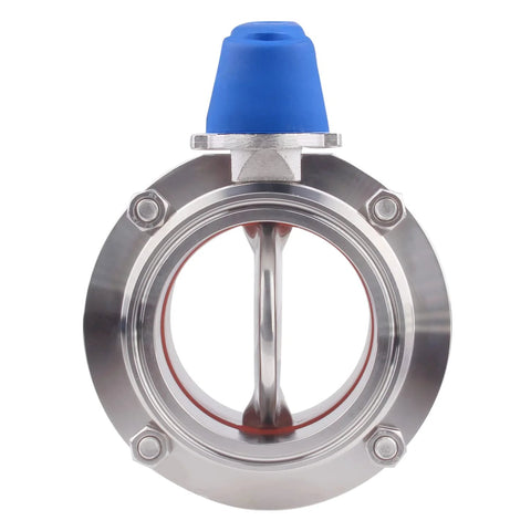 Butterfly valve with blue trigger handle, stainless steel 304, 3-inch tri-clamp