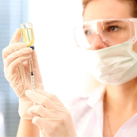 Person handling One Milliliter Syringe With 30G 8mm Needle, individually wrapped, preparing it for laboratory use.