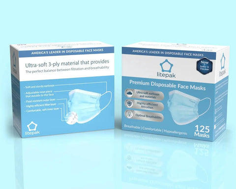 125-Pack Disposable Face Masks 3-Ply Breathable Protection With Adjustable Nose Clip And Soft Earloops Comes In Convenient Dispenser Box Blue Ideal For Offices Schools Restaurants And Events Great For Daily Use And Safety displayed in packaging.