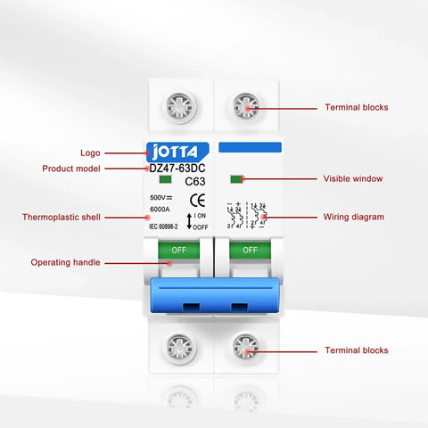2 Pole 500V 63 Amp DC Circuit Breaker Isolator for Solar PV System with labeled components including terminal blocks and operating handle