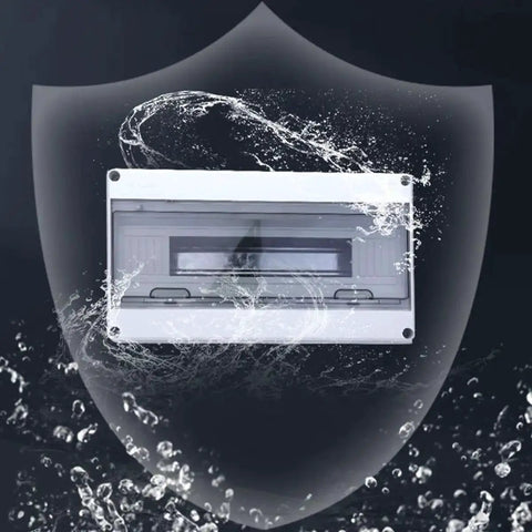 Weatherproof 18-Circuit Outdoor Electrical Junction Box With Distribution Panel Enclosure, depicted under water splash.