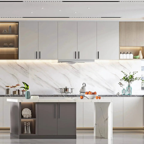 10 Pack 5 Inch Matte Black Cabinet Pulls for Cupboards and Drawers installed on modern white kitchen cabinets