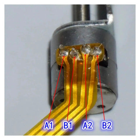 Close-up of DC 5V 30mm Linear Actuator 8mm Stroke 2 Phase 4 Wire with visible screw drive and labeled wires A1, B1, A2, B2 for precision motion.