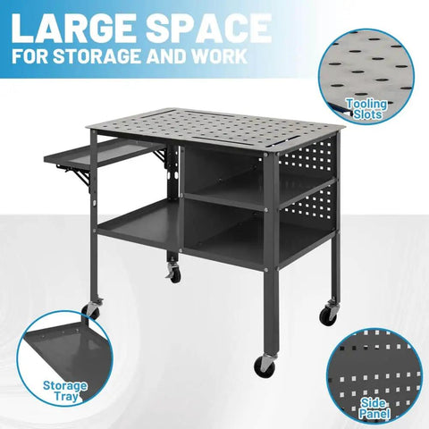 36 By 24 Inch Welding Table With Wheels Mobile Steel Workstation Heavy Duty Design showing tooling slots and storage tray