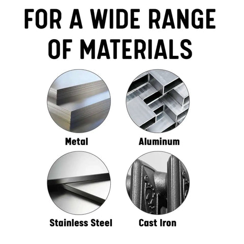 Image showing use for Metal, Aluminum, Stainless Steel, Cast Iron with text 'For a Wide Range of Materials'.