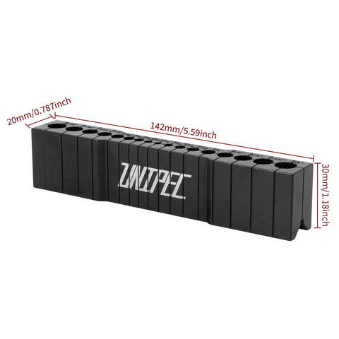 Precision Drill Guide For Straight Holes Compact Portable Drilling Block For Wood Metal And Plastic SAE One Eighth To Three Eighths Inch Sizes Keeps Drill Bits Aligned For Cleaner And More Accurate Holes, black rectangular block with measurements.