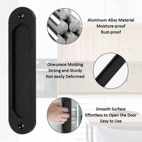 2 Pack Matte Black Flush Pull Barn Door Handles 6 Inch Round Corner Rectangular Flat Plate Recessed Sliding Pocket Door Hardware Aluminum Finger Pull