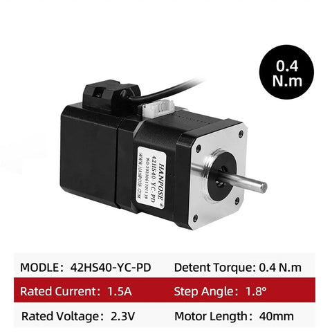 Angled front view of 42HS40-YC-PD NEMA17 stepper motor, black housing, 0.4 N·m torque, 40mm length
