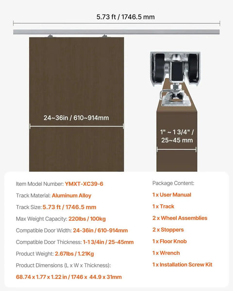 Sliding Pocket Door Hardware Track Kit With 5.73 Ft Heavy Duty Commercial Grade Track Set for 24 to 36 Inch Wide Doors, Aluminum Alloy
