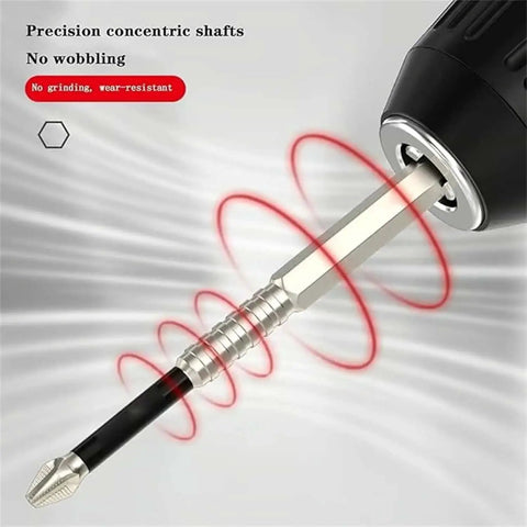 Magnetic Screwdriver Drill Bit Set Pro Grade with Anti Slip Grip and Heavy Duty Alloy Steel 60HRC, bit inserted in drill