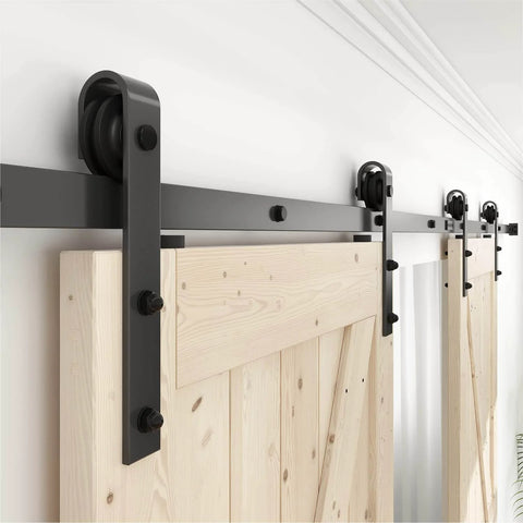 Antique Style 15 Foot Double Sliding Barn Door Hardware Roller Track Kit Black Finish installed on wooden doors