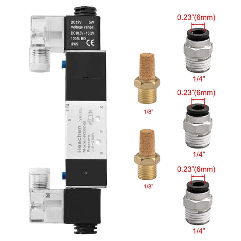 Industrial Grade 5 Way 3 Position Internally Piloted Pneumatic Solenoid Valve 4V230-08C, 12V DC Coil, connectors shown