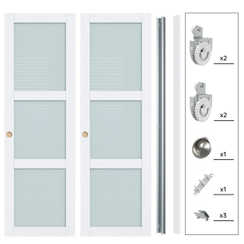 Preassembled 48 x 80 Inch White Frosted Glass Sliding Closet Door Set With 3 Lite Bypass Panels, Waterproof PVC Wood Slab Surface