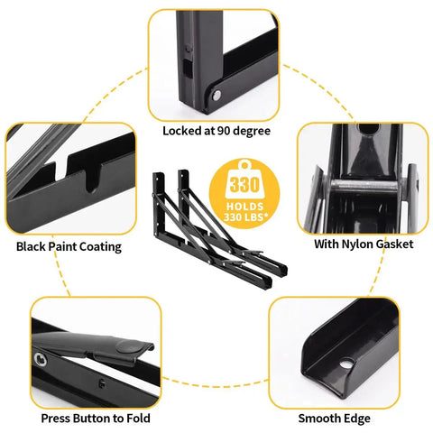 Diagram of Heavy Duty 16 Inch Folding Shelf Brackets Pack Of 2 By YUMORE, showcasing features like black coating, nylon gasket, holds 330 lbs.