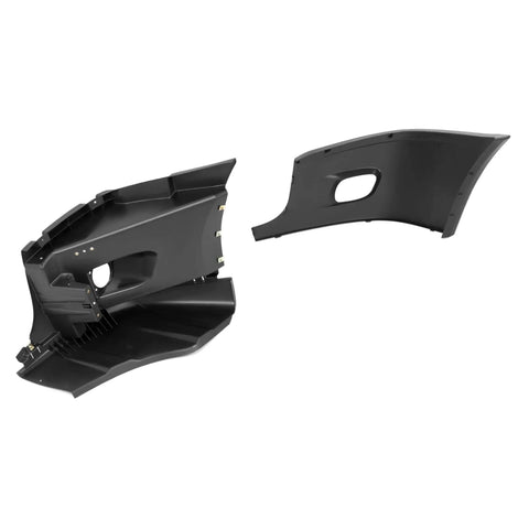 Front Passenger Bumper End Cap Reinforcement for Cascadia Fog Light Holes shown in two separate black components