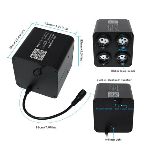 Car Starlight Headliner Kit With 36W Four Color Twinkle Fiber Optic Lights showing four-head RGBW light engine dimensions