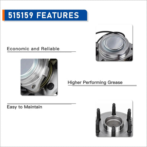 Features of Front Wheel Bearing Hub Assembly 515159 showing economic reliability, high-performance grease, easy maintenance.