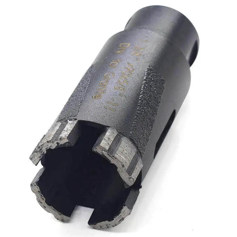 Close-up of One And Three Eighths Inch Dry Diamond Core Drill Bit With Five Eighths Eleven Thread For Granite And Masonry Vacuum Brazed Side Protection For Clean Cuts Laser Welded High Frequency Bit Wet Or Dry Stone Drilling 35mm Core Size
