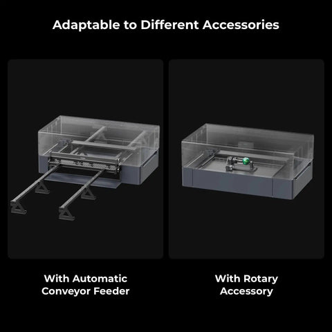 Riser Base Upgrade For P2 CO2 Laser Cutter Lets You Engrave Ultra Thick Materials Up To 8.4 Inches, A Great Partner For Auto Conveyor Feeder, Boosts Batch Processing And Workpiece Clearance For Thick Engravings From xTool, showing adaptability with automatic conveyor feeder and rotary accessory.