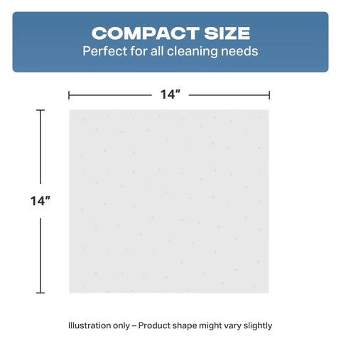 Dimensions illustration of Premium Cotton Shop Towels 250 Count Box 14x14 Lint Free Cleaning Rags for Auto Shop Garage Use.