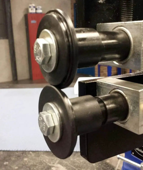Close-up of dies on a Bead Roller With Dies For Metal Fabrication, 19 Inch Throat Industrial Rotary Forming Machine, 18 Gauge Sheet Metal Capacity