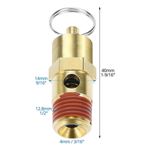 Brass Pressure Relief Valve Set For Air Compressors - 1/4 Inch NPT Threaded, 150 PSI Relief, corrosion-resistant with dimensions shown