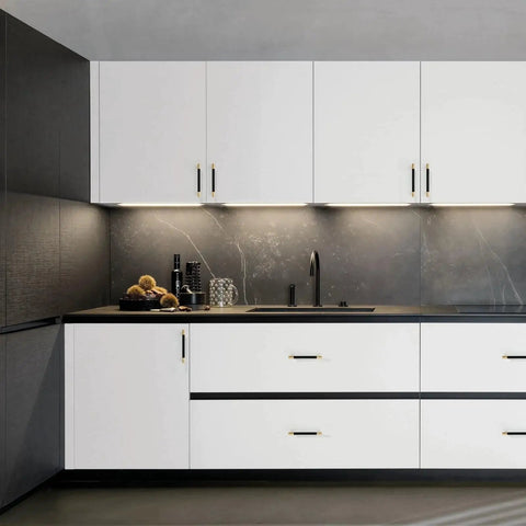 Modern kitchen with white cabinets featuring 10 Pack Black And Gold Knurled 5 Inch 128mm Hole Center Cabinet Handles installed