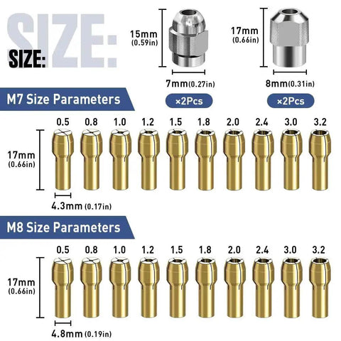 Diagram showing sizes of keyless drill chuck collet set with brass metal collets in M7 and M8 sizes for rotary tool adapter.