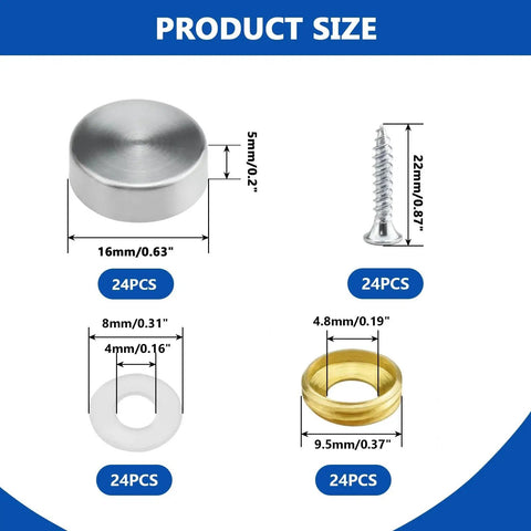 Stainless Steel Screw Cover Caps Set 24 Pieces with measurements showing cap, screw, washer sizes for furniture and mirrors.
