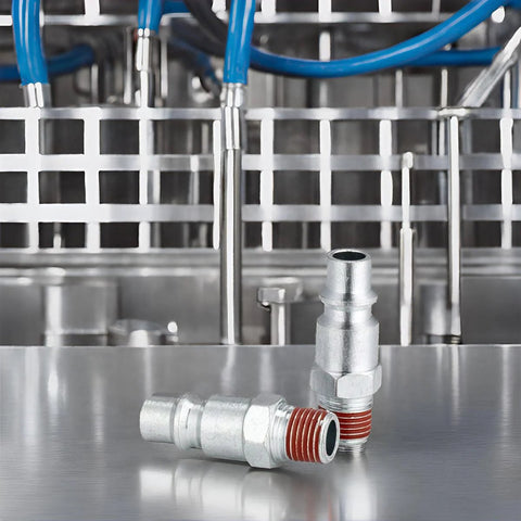 Steel 3/8 in high-flow air hose fittings, M-type plug, 1/4 in male threads, pre-coated, 2 pieces.