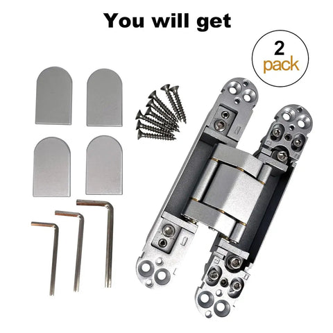 2 Pack Hidden Door Hinges For 6 Inch Doors With 3 Way Adjustable Concealed Hinges Zinc Alloy For Slick Invisible Doors And Feature Walls 180 Degree Swing Silver.