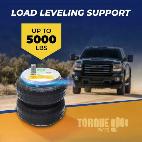 Torque airbag suspension kit: two black rubber air springs with metal tops for Dodge Ram trucks, up to 5000 lbs.