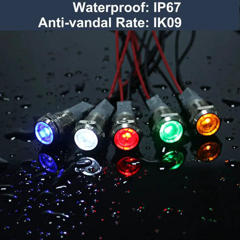 Five Pack 12mm LED Indicator Light 110 To 220 VAC Metal Shell Waterproof IP67 Super Bright With Wire Red Green Blue View