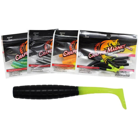Tiny Dancer 12 Piece Crappie Lure Pack 1.75 Inch Paddle Tail for Crappie and Other Species Black Chartreuse shown in packaging