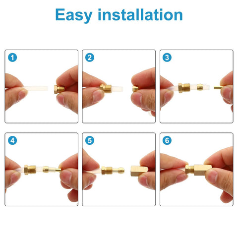 PATIKIL brass compression ferrules for 1/4 in OD hose; six-step installation with hose and fittings