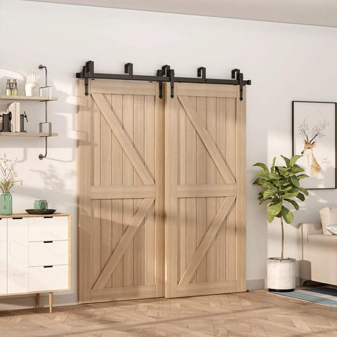 Double Track Bypass Sliding Barn Door Hardware Kit For Two Doors, Low Ceiling Design, Nine Inch Ceiling Clearance, installed view
