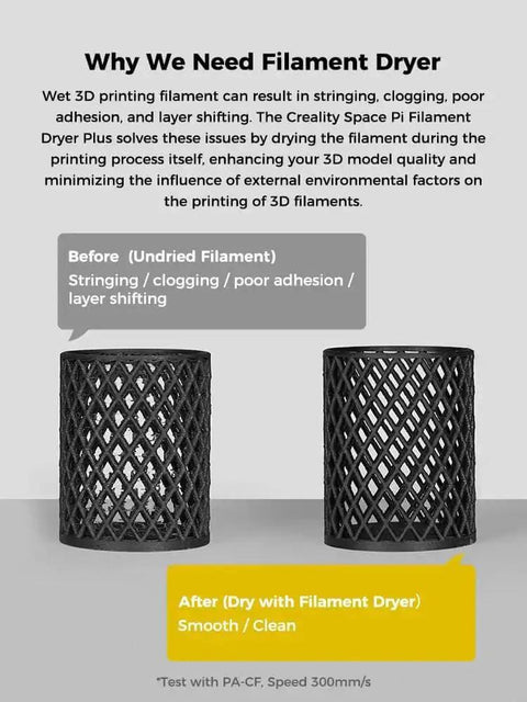Comparison of 3D printed objects before and after using Upgraded Space Pi Filament Dryer Plus Dual Roll Dry Box For Two 3D Printers
