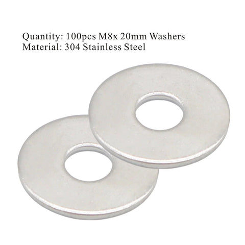 M8 flat washers, 304 stainless steel, 20mm outer diameter, 1.5mm thick, two washers shown