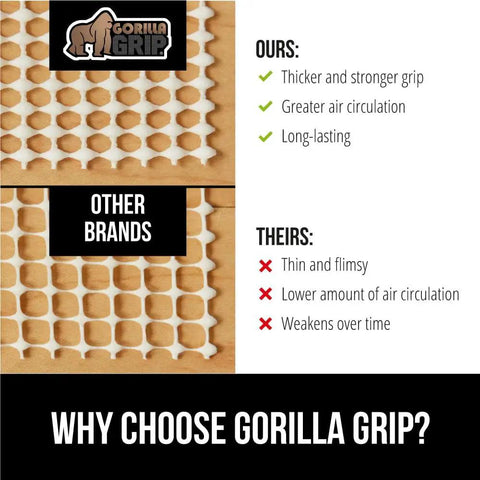 Comparison image highlighting Gorilla Grip's stronger, thicker design versus other thinner, less durable rug pads for hardwood floors.