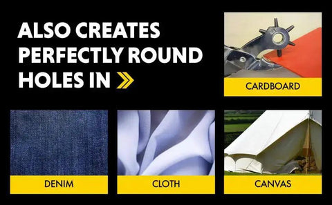 Image showing different materials like cardboard, denim, cloth, and canvas that can be punched with Beefy Revolving Punch Pliers Set.