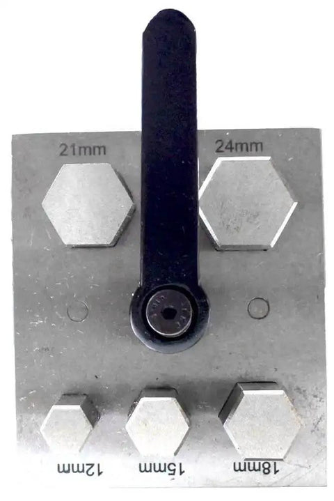 Hexagonal Sheet Metal Cutter Set With Ergonomic Handle, Five Precisely Sized Cutters In 10.5mm, 13mm, 15.7mm, 18.3mm, and 21mm