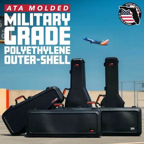 Molded Flight Case For SG Style Double Cutaway Guitars With ATA Roto-Molded Polyethylene Shell displayed at an airport setting.
