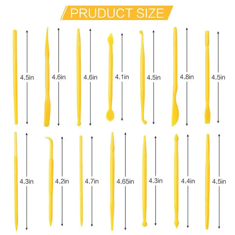 14 Piece Clay Carving Set For Pottery And Sculpting DIY Plastic Polymer Modeling Tools Kit With Comfortable Grips Ideal For Newbies Perfect For Carving Molding Embossing showing tool sizes varying from 4.1 to 4.8 inches