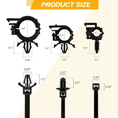 180 Piece Nylon Universal Cable Tie Buckle Set With Push Mount Zip Ties And Wire Loom Routing Clips sizes displayed