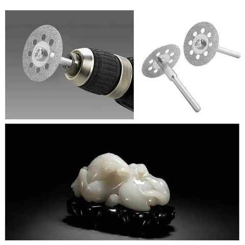 Diamond Cutting Wheel Set For Rotary Tools 22mm Discs 0.6mm Thick Includes 25 Cutting Wheels Five 3mm Mandrels And A Screwdriver EZ545 544 Replacement Compatible For Fast Clean Metal And Plastic Cutting shown with rotary tool and cutting demonstration