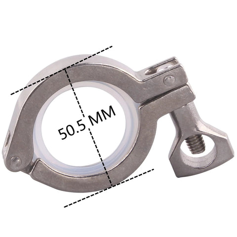 Stainless steel sanitary tri-clamp with silicone gasket, 50.5 mm diameter, wing-nut ferrule clamp.