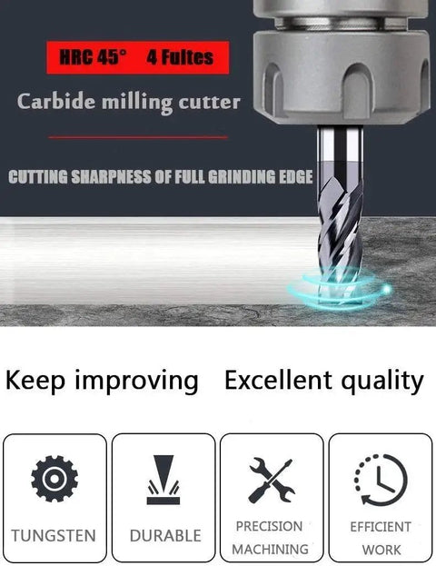 Close-up of Five Piece Carbide Square End Mill Set In 1/4, 3/8, 1/2, 5/8, And 3/4 Inch Sizes, 4 Flute, Single End, AlTiN Coated