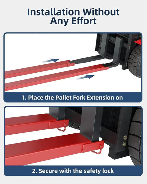 96 Inch Forklift Pallet Extensions For 5500 Lbs Capacity Heavy Duty Pair being installed on forklift forks