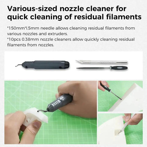 Ultimate 74 Piece 3D Printer Tools Kit For Assembly And Finishing Deburring Nozzle Cleaning Filament Cutting And Model Processing Creality Compatible For All FDM Printers showing nozzle cleaning tools in use on green mat.
