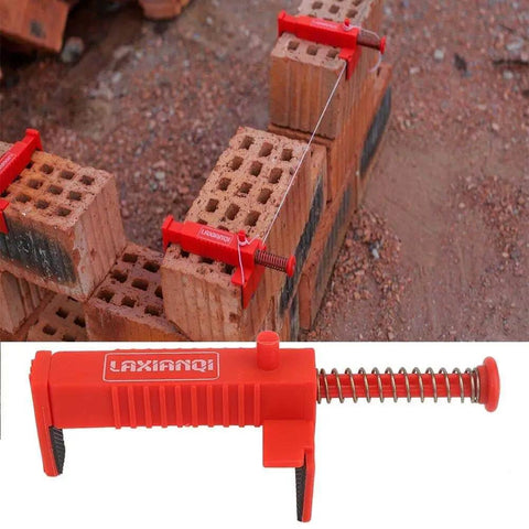 Two Piece Brick Line Puller Set With Leveling Wire Drawer Tool in use on red bricks for precise alignment in masonry work.